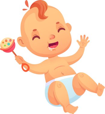 Bebek bezi takan, neşeyle çıngırak tutan, el sallayan, gülümseyen ve salya akıtan, temiz beyaz bir arka planda izole edilmiş, büyüleyici bir çizgi film tarzıyla sunulan sevimli bir bebek.