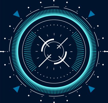 Gelecekçi parlak mavi ve beyaz başlıklar hedef ve göstergelerle merkezden karanlık arka plana doğru yayılan, teknoloji veya oyun temaları için uygun