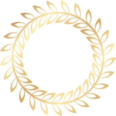 Yuvarlak altın defne çelengi, zaferin ve başarının sembolü, beyaz arka planda zarif ve minimalist bir tasarım yaratmak, ödüller, logolar ve çeşitli dekoratif amaçlar için uygun.