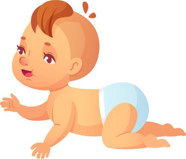 Sevimli bebek ileriye doğru sürünüyor, bebek bezi takıyor, yüzünde mutlu bir ifade var, gelişimin ilk aşamalarının ve hareketliliğinin tadını çıkarıyor.