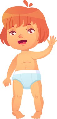 Turuncu saçlı, bebek bezi takan, elini sallayan, mutlu bir şekilde gülümseyen, beyaz bir arka planda izole edilmiş, vücut manzaralı, bebek ürünleri, ebeveynlik ve çocuk bakımı teması için mükemmel bir bebek.