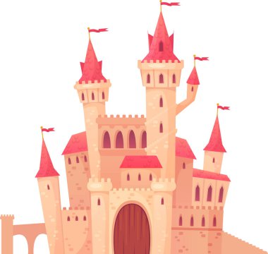 Pembe çatılı, kuleli, bayraklı ve ahşap kapılı görkemli ortaçağ kalesi, beyaz arka planda izole edilmiş, peri masalı çizimleri, çocuk kitapları veya fantezi oyunları için mükemmel.