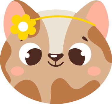 Büyük gözlü sevimli kahverengi kedi sarı bir çiçek bandı takıyor, mutlu bir şekilde gülümsüyor, çocuk kitapları, tebrik kartları ve diğer şirin tasarımlar için mükemmel.