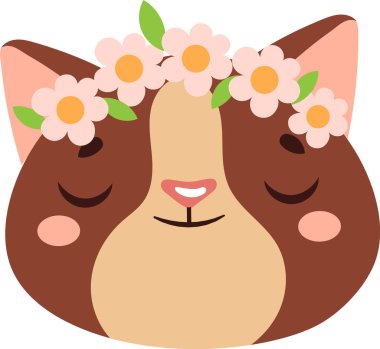 Sevimli kahverengi kedi pembe çiçeklerden bir taç takıyor, kapalı gözlerle gülümsüyor, tatlı ve büyüleyici bir görüntü yaratıyor, çocukların çizimleri, tebrik kartları ve diğer tasarım projeleri için mükemmel.