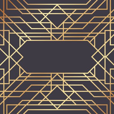 Geometrik altın çizgiler karanlık bir arkaplan üzerinde zarif bir sanat deco çerçeve oluşturmak, davetiyeler, posterler veya klasik veya lüks tarzlı dekoratif projeler için ideal