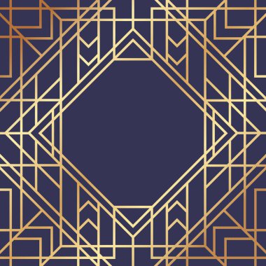 Kusursuz geometrik desen, koyu mavi arka planda altın çizgileri olan sekizgen bir çerçeve oluşturarak lüks ve zarif bir sanat deco tasarımı yaratıyor.