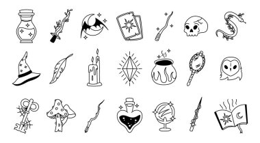 Sihirli ikonlar. Hangi tarot büyücüsü astroloji gizemli sembolleri, karikatür sihirbazı kristal şişe iksiri kazanı ezoterik cadılık nesneleri. Vektör büyüsü izole edildi.