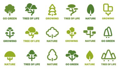 Ağaç işi logosu. Meşe ve çam ağacı amblemi, soyut ağaç büyümesi orman iş simgeleri, park bahçesi etiketi için basit yeşil yaprak rozeti. Vektör yeşil ağaçlar ayarlandı.