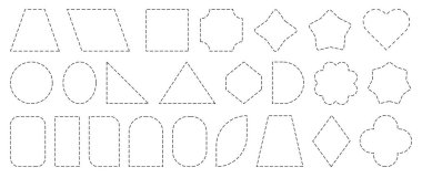 Kesik çizgi çerçeveleri. Dash noktalı kare dairesel doğrusal kenarlıklar, basit dikdörtgen oval altıgen üçgen kalp yıldızının çizilmiş şekilleri geometrik kupon çerçevesi için. Vektör kenarı ayarlandı.