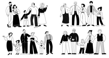 Doodle ailesi. Çocuklu yaşlı insanlar, mutlu aktif aile çizimleri, baba-oğul-oğul-büyükanne karakterleri. İzole edilmiş vektör aileler.