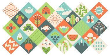 Ekoloji geometrik arka planı. Soyut eko desenli yeşil yaprak ağaç dalları doğa elementleri, düz botanik basit geometri eko tarım kavramını şekillendirir. Vektör bahçe pankartı.