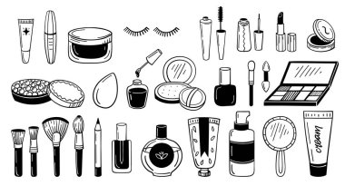 Makyaj karalama simgeleri. Kızlar için güzellik kozmetik ürünleri, el yapımı moda rimel fırçası parfüm ruj kremi. Vektör dekoratif makyaj seti.