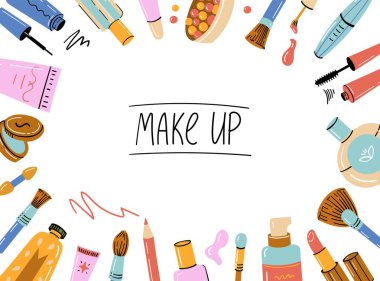 Makyaj el çizimi simgeleri. Doodle kozmetik ürünleri çerçevesi, ruj makyajı, oje yüz kremi, moda kadın kozmetik aksesuarları. Vektör sınırı.