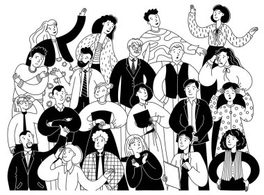 Doodle kalabalığı. İnsanlar grup konuşmaları ve tartışmaları, çeşitli sosyal grupların geçmişlerini, iş insanları topluluklarını ve toplum kavramlarını çiziyorlar. Vektör eli çizilmiş kalabalık.