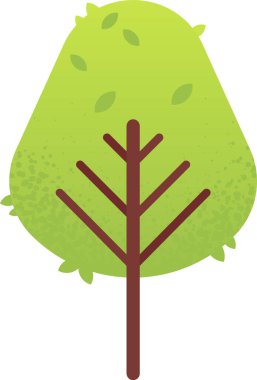 Kahverengi gövdesi ve yuvarlak tacı olan stilize edilmiş yeşil ağaç, yaprakları içeriyor ve beyaz bir zemin üzerinde izole edilmiş, doğayı ve basitliği temsil ediyor.