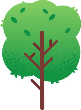 Kahverengi gövdesi ve dalları olan stilize edilmiş bir ağacın karikatür çizimi. Yuvarlak birini desteklemek. Sade yapraklarla benekli parlak yeşil taç. Neşeli ve minimalist bir doğal element yaratmak