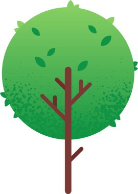 Mükemmel yuvarlak, yemyeşil bir taç ve ince kahverengi bir gövde ile canlı, stilize ağaç beyaz bir arka planda duruyor, küçük yeşil yapraklar dallarından yavaşça düşüyor.