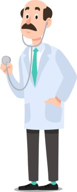 Steteskop ve beyaz önlük giyen dost canlısı doktor, bir hastayı ziyaret etmeye hazırlanıyor, klinik ortamda sağlık ve tıbbi muayenenin özünü somutlaştırıyor.
