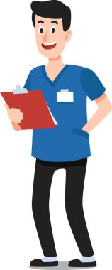 Mavi üniforma giyen genç, gülümseyen erkek hemşire, tıbbi kayıtları incelerken elinde bir pano, kendini adamış bir sağlık ve tıp uzmanını iş başında somutlaştırıyor.