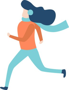 Genç bir kadın kışın dışarıda neşeli bir şekilde koşuyor, kulaklıkları ve eşarplarıyla, soğuk ve soğuk havada spor yapma heyecanını kucaklıyor.