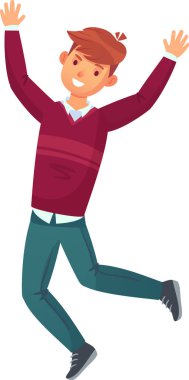 Süveter ve pantolon giyen mutlu genç adam kollarıyla zıplıyor başarıyı, mutluluğu, neşeyi, başarıyı, özgürlüğü, zafer konseptini kutluyor