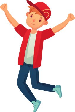 Kırmızı şapkalı ve ceketli genç adam kollarını kaldırarak mutlu bir şekilde zıplıyor, başarısını kutluyor, neşe ve heyecan ifade ediyor, gençlik için mükemmel, başarı ve pozitif duygular için mükemmel.