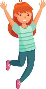 Çizgili tişörtü ve deniz mavisi pantolonuyla neşeli bir kızıl kız kollarını kaldırmış, çocukluk kutlamasında mutluluk ve heyecan saçıyor.