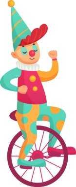 Sirk palyaçosu renkli kostüm giyiyor tek tekerlekli bisiklete biniyor eğlence programındaki performans sırasında kollarını kaldırıyor ve tek tekerli gösteri yeteneği ve becerisiyle dengede duruyor.