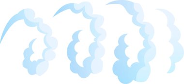 Karikatür dumanının izleri farklı şekillerde dönüyor, beyaz arka plan üzerinde çeşitli soyut kalıplar oluşturuyor, hareket ve akıcılık hissi yaratıyor.