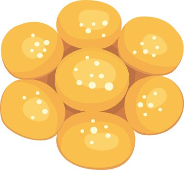 Yedi altın kurabiye, benekli beyaz şeker tanecikleri, desen gibi büyüleyici bir çiçeğe yerleştirilmiş, sıcaklık ve lezzet hissi uyandırıyor, tatlı bir ikram ya da atıştırmalık için mükemmel