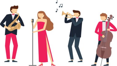 Bir konserde müzisyenlerin çaldığı caz grubu, mikrofon, trompetçi ve çello çalan bir kadın şarkıcı.