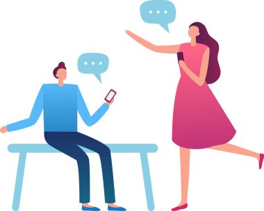 Genç bir adam bankta oturmuş, elinde akıllı telefonlar ve üzerinde konuşma baloncukları olan çevrimiçi iletişim ve sosyal medya etkileşimini temsil eden ayakta duran bir kadınla sohbet ediyor.