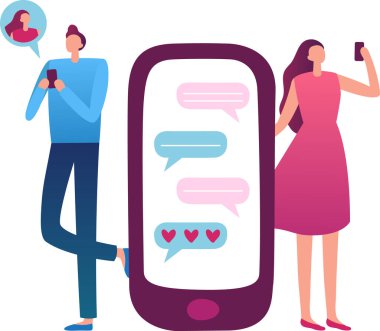 Erkek ve kadın online olarak flört ediyorlar, kalplerle dolu romantik mesajlaşmalar yapıyorlar, büyük bir akıllı telefon ekranında, modern iletişim ve bağlantıyı resmediyorlar.