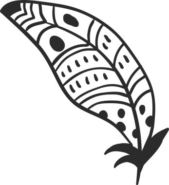 Boho stilini temsil eden karmaşık desenli el çizimi tüy, çeşitli tasarım amaçları ve doğa, moda veya dekorasyonla ilgili projeler için uygundur.