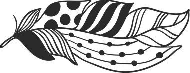 Çizgiler, noktalar ve çizgiler de dahil olmak üzere çeşitli desenlere sahip siyah ve beyaz bir tüy tasarımı karmaşık ve görsel olarak çekici bir tasarım yaratıyor.