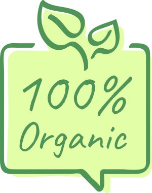 Canlı yapraklar ve metin içeren yeşil konuşma balonu% 100 organik, sağlıklı bir yaşam tarzını teşvik ederken çevreyle dost ürünleri ve sürdürülebilir seçenekleri ön plana çıkarıyor