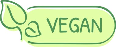 Kalın harflerle vegan kelimesinin yer aldığı yeşil etiket, stilize edilmiş yaprak çizimi, bitki temelli ve çevre dostu ürünleri sembolize ediyor.
