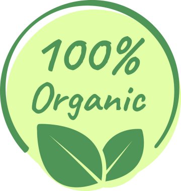 Canlı yeşil renkli yuvarlak etiket sağlıklı bir yaşam tarzını destekliyor, ürünleri% 100 organik olarak onaylıyor, altında iki hassas yeşil yaprak ile süsleniyor, saflık ve kaliteyi vurguluyor.