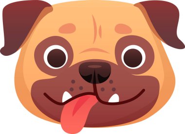 Neşeli bir köpeğe yaklaş, şakacı bir şekilde dilini dışarı çıkarıyor ve büyük bir gülümseme sergiliyor, temiz beyaz bir arka plana karşı dostane ve komik bir çizgi film tarzı imajı yaratıyor.