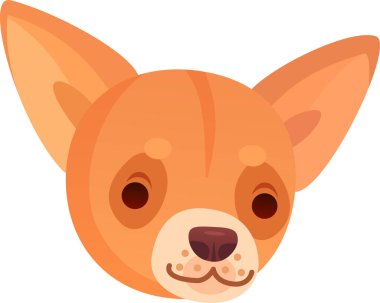 Çok sevimli bir chihuahua köpek yüzü, büyük kulaklar, parlak kahverengi gözler ve açık kahverengi bir burun içeren çizgi film çizimleri, temiz beyaz bir arkaplanda ileriye bakıyor.