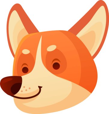 Büyük kulakları ve kahverengi burnu olan, temiz beyaz bir arka planda izole edilmiş mutluluk ve neşe saçan neşeli Galli Corgi köpek yüzünün çizgi film çizimi.