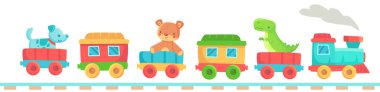 Köpeği, oyuncak ayıyı ve dinozoru taşıyan renkli arabalarla dolu neşeli oyuncak tren raylar boyunca tıkınıyor, oyun zamanına neşe ve hayal gücü getiriyor.