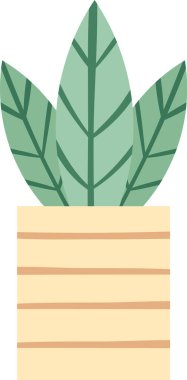 Açık sarı bir tencerede büyüyen üç büyük yeşil yapraklı bir bitkinin minimalist çizimi, ev dekorasyonu ve bahçecilik kavramlarını temsil ediyor.