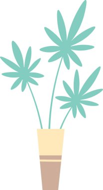 Turkuaz hayran palmiyesi yaprakları kahverengi şeritli bej bir vazodan yükseliyor. Temiz beyaz bir arka plana karşı minimalist bir ev bitkisi çizimi yaratıyor ve modern dekorasyonu geliştiriyor.