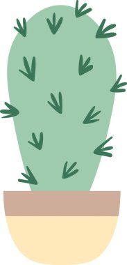 Açık yeşil kaktüs iki tonlu bir tencerede yetişiyor, basit vektör çizimi beyaz arka planda izole edilmiş, doğa ve bitkilerle ilgili projeler için ideal.