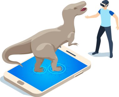 Vr kulaklık takan sanal artırılmış gerçeklik teknolojisi kullanıcısı akıllı telefon ekranından çıkan 3d tyrannosaurus rex dinozoru ile etkileşime giriyor, izometrik görünüm
