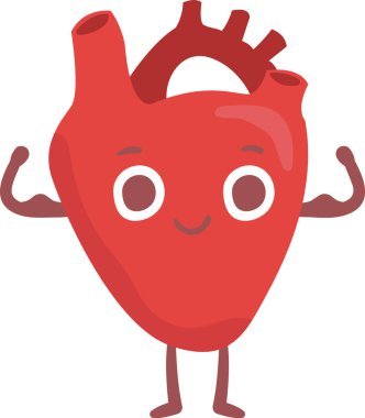 Canlı, güçlü kol kaslarıyla gülümseyen bir kalbin kardiyovasküler sağlığın ve genel olarak sağlığın eğlenceli ve çekici bir şekilde önemini destekleyen karikatür çizimleri.