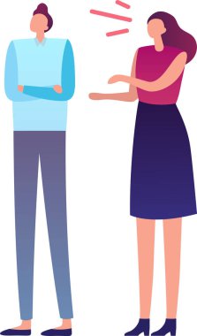 Ofis arkadaşlarının anlaşmazlık yaşaması, iş kadınının iş adamlarıyla tartışması ve onu dinlememesi, iş iletişimi sorunları ve çatışma çözme konsepti.