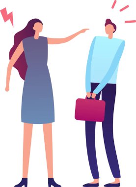Öfkeli iş kadını, elinde evrak çantası olan ve profesyonel bir ortamda anlaşmazlığı temsil eden suçlu bir işadamını azarlıyor.