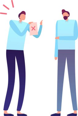 İki erkek meslektaşı başarısız bir sınavı, başarısız girişimleri, reddedilmeyi ve iş ve eğitimde iyileşme ihtiyacını temsil eden kırmızı x puanıyla tartışıyor.